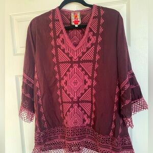 Johnny Was Maroon embroidered Tunic top. Size small